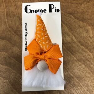 Orange Gnome Pin Brooch Handmade Gift Guide Bow Magnetic Autumn Halloween Fall